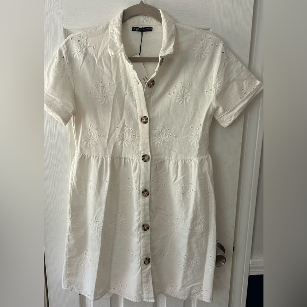 Zara Cream Embroidered Button-Down Dress